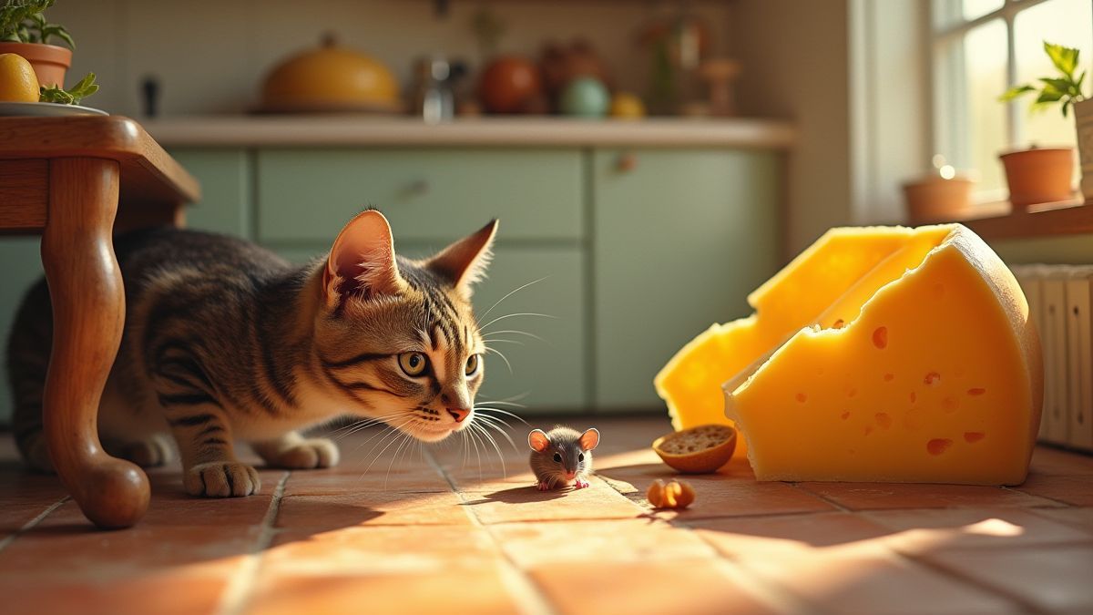 Eine lebendige Küche, in der eine Katze heimlich zu einem Tisch schleicht, während eine Maus sich unter einem Käserad versteckt.